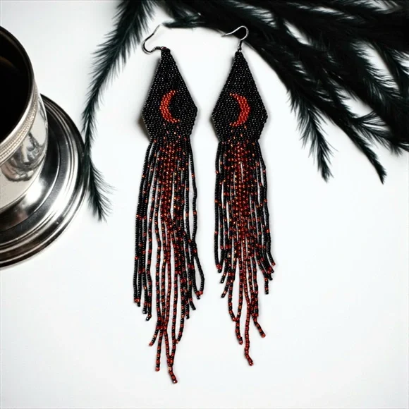 Hand Beaded Black/Red Extra Long Boho Crescent Moon Earrings - Picture 1 of 16
